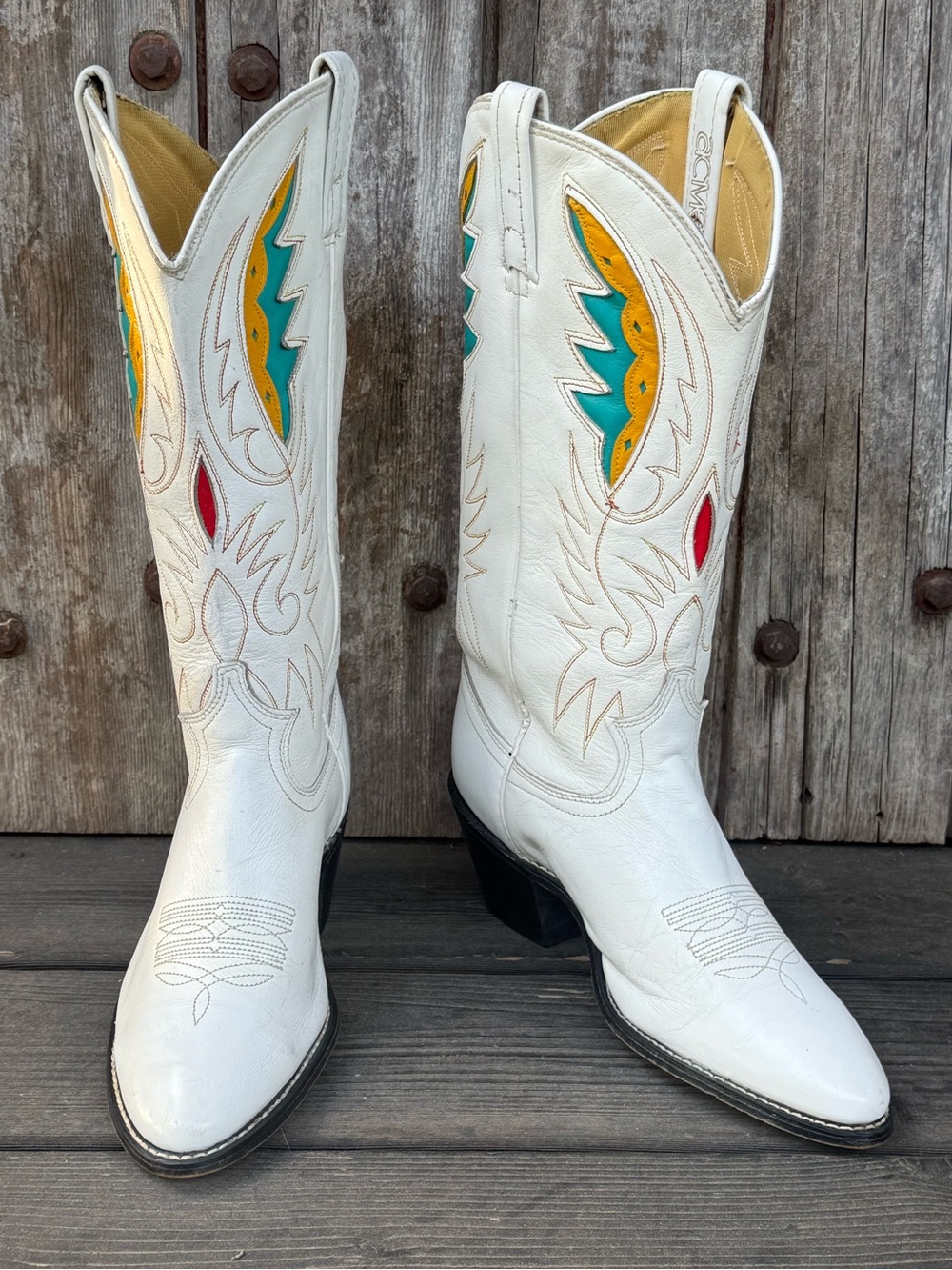 Vintage Acme Women's White Cowboy Boots with Colorful Inlays
